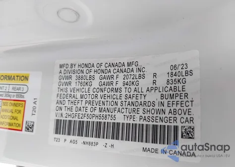 2023 Honda Civic Sport z USA, uszkodzony, nr VIN 2HGFE2F50PH558755